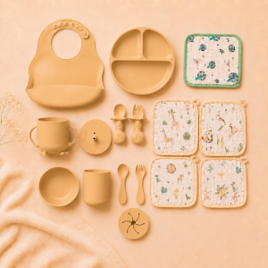 Baby Fun Complete Baby Feeding Set with Bib, Plate, Cups, Bowl, Utensils & 5 Random Baby Cloths