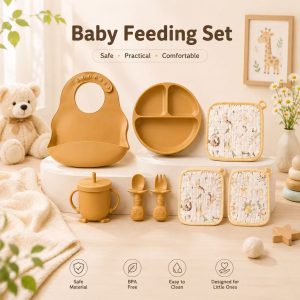 Baby Silicone Feeding Set 8PCS with Bib, Plate, Straw Cup & Towels