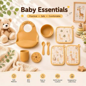 Baby Silicone Mealtime Set 9PCS with Bowl, Cup, Bib & Towels