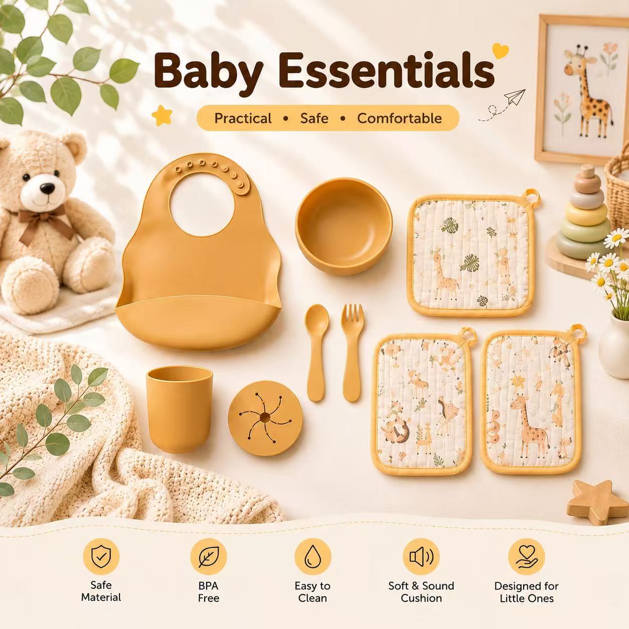 Baby Silicone Mealtime Set 9PCS with Bowl, Cup, Bib & Towels