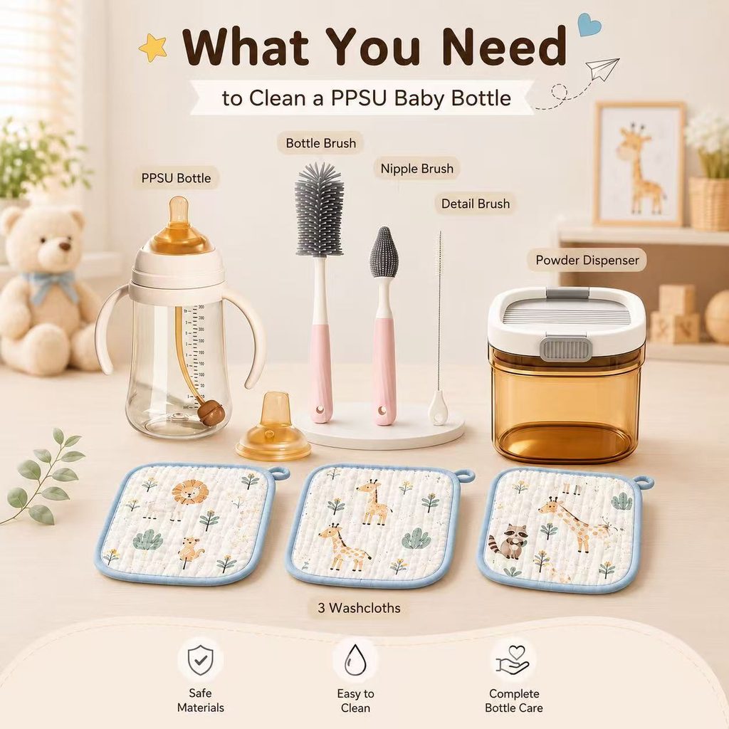 PPSU baby bottle cleaning tools with bottle brushes
