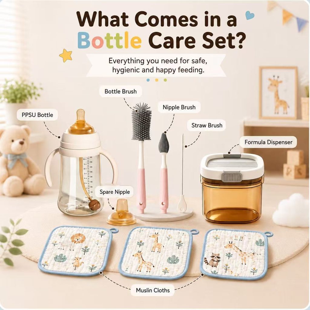 PPSU baby bottle care set with cleaning brushes and feeding essentials