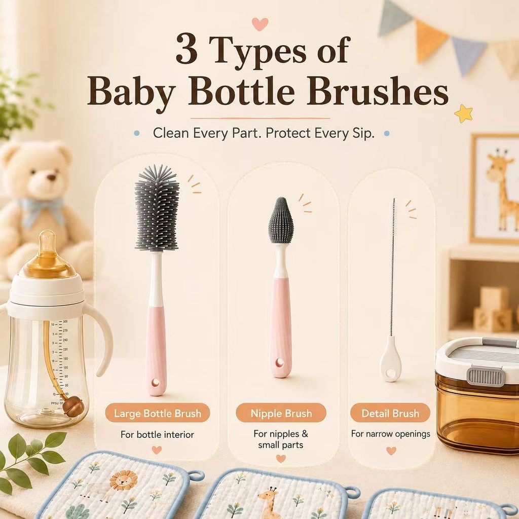 Three types of baby bottle brushes for bottle cleaning