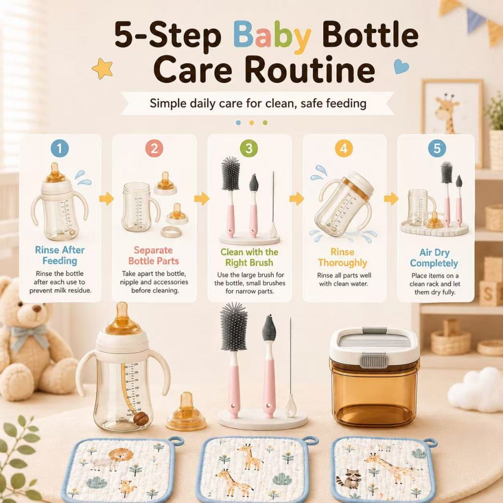 5-step baby bottle care routine with PPSU bottle and cleaning brushes