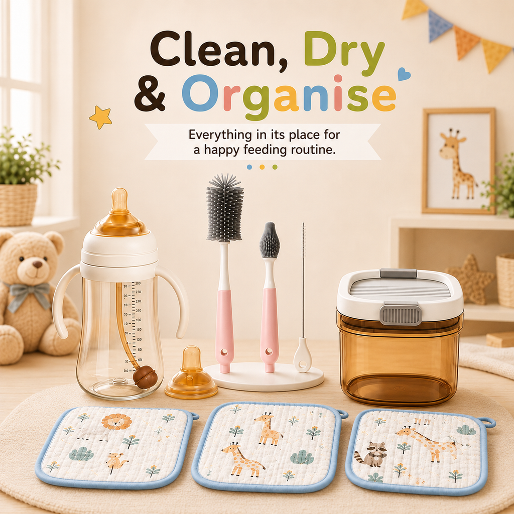 clean dry and organise baby bottle care essentials