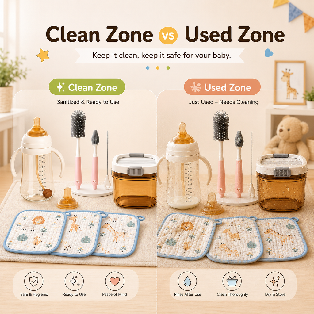 clean zone and used zone for baby bottle care