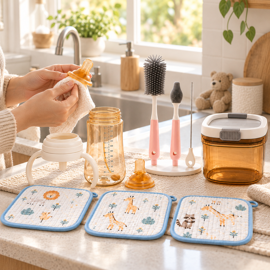 Cleaning and drying baby bottleparts after feeding